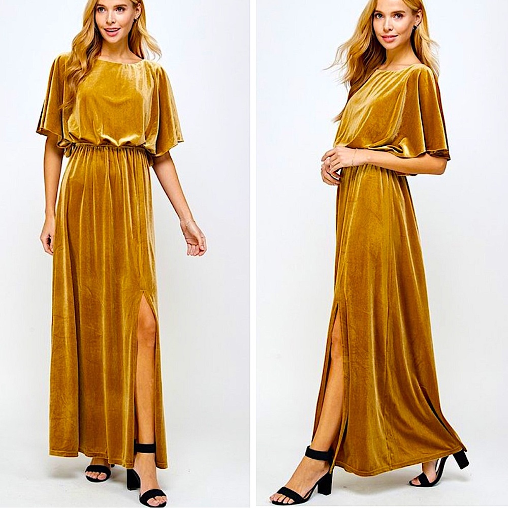 Gold Velvet Caped Flutter Sleeve Formal Maxi Dress